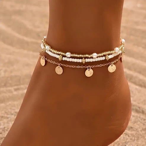 Set de tobilleras de 3 capas Coastal Charm | Oro