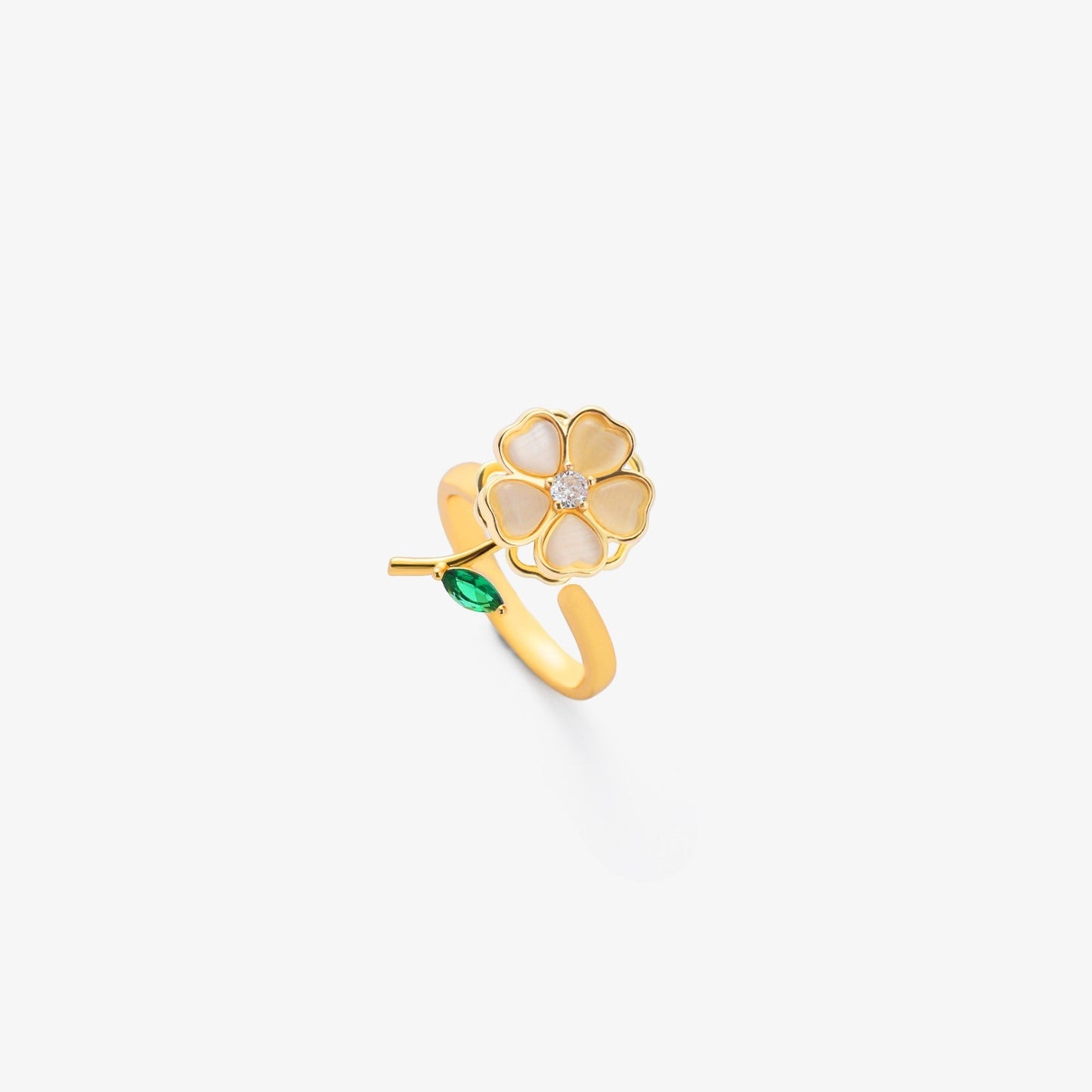 Anillo giratorio flor de hoja esmeralda | Oro
