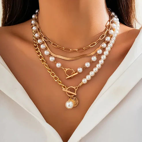 Set de collar de serpiente con perlas y cadena vintage | Oro